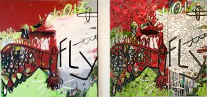 Extra Large contemporary abstract painting and mosaic bird red green FLY mosaic street graffiti art urban Laura Letchinger Piece by Piece