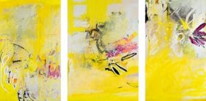 Large contemporary abstract triptych painting; original oversized yellow modern urban industrial art with a graffiti / street edge for loft, modern space or eclectic interior design Laura Letchinger