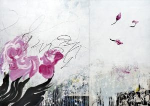 Large bright contemporary abstract painting street graffiti flowers white pink urban street graffiti expressionism loft Laura Letchinger DRIFT