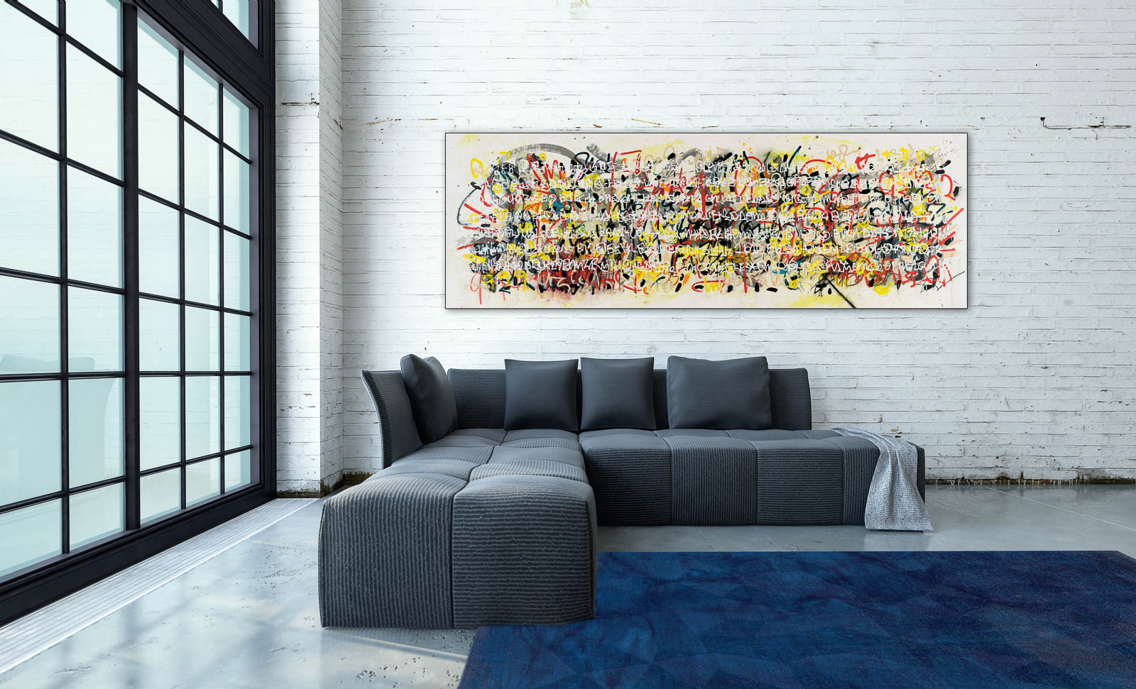 Large contemporary abstract painting; oversized colorful urban industrial art with textured writing graffiti / street edge for loft or modern space