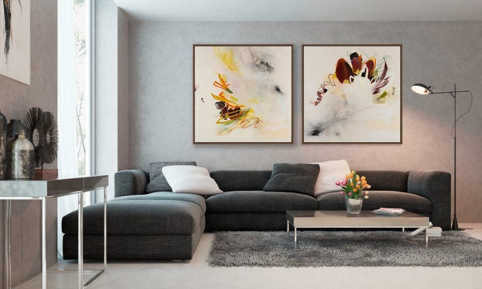Large contemporary abstract diptych painting, cream and warm tones with bird / fly theme by Laura Letchinger. Street graffiti urban industrial expressionism edge