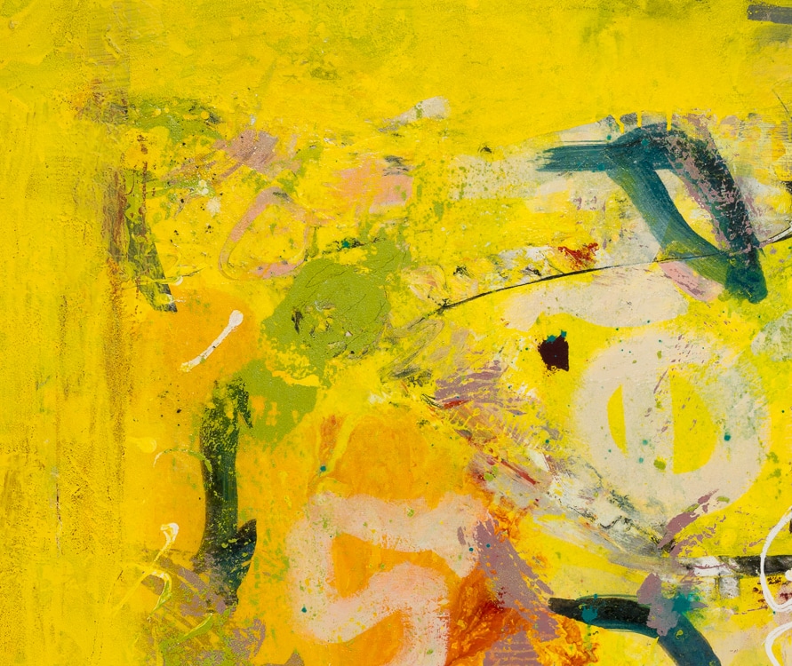 detail - Extra large yellow contemporary abstract painting urban industrial street graffiti expressionist loft art Laura Letchinger