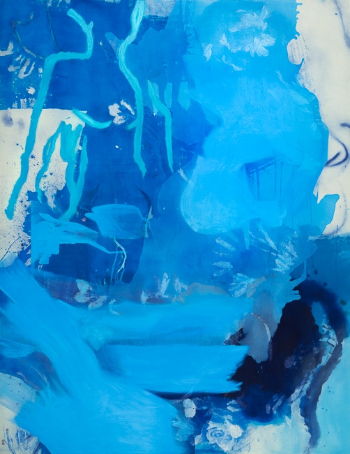 Oversized blue contemporary flowing abstract painting BLUE SKIES by Laura Letchinger