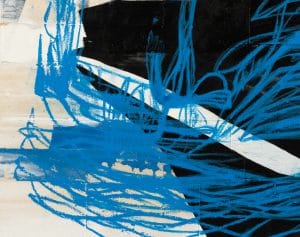 Large urban abstract painting blue black white Laura Letchinger detail4