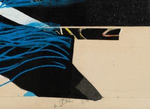 Large urban abstract painting blue black white Laura Letchinger detail5