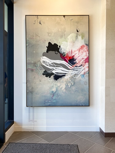Large contemporary urban abstract painting installed commercial lobby Laura Letchinger Los Angeles