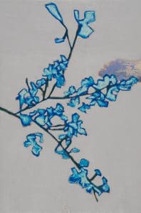 blue blossoms on branch vertical oil painting by Los Angeles based contemporary artist Laura Letchinger