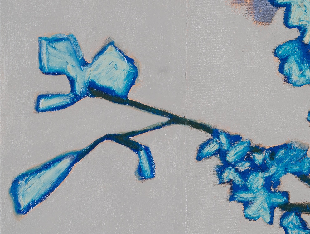 blue blossoms on branch oil painting by Los Angeles based contemporary artist Laura Letchinger detail 1