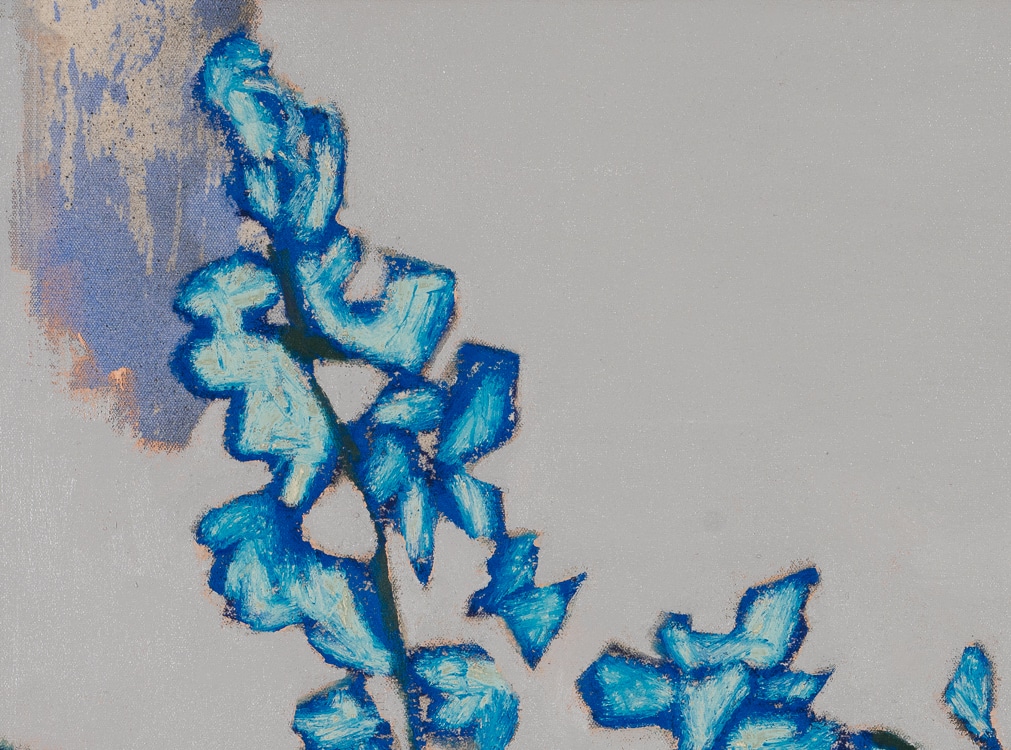 blue blossoms on branch oil painting by Los Angeles based contemporary artist Laura Letchinger detail 2