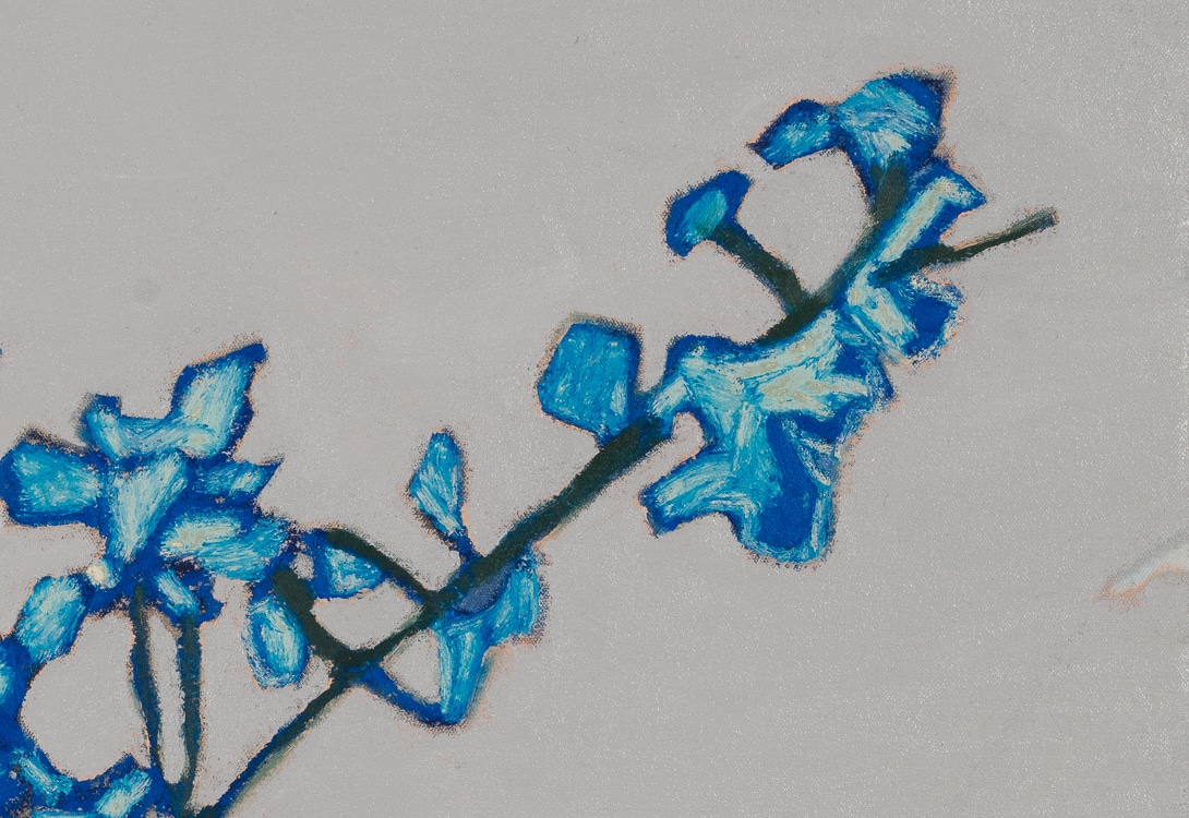 blue blossoms on branch oil painting by Los Angeles based contemporary artist Laura Letchinger detail 3