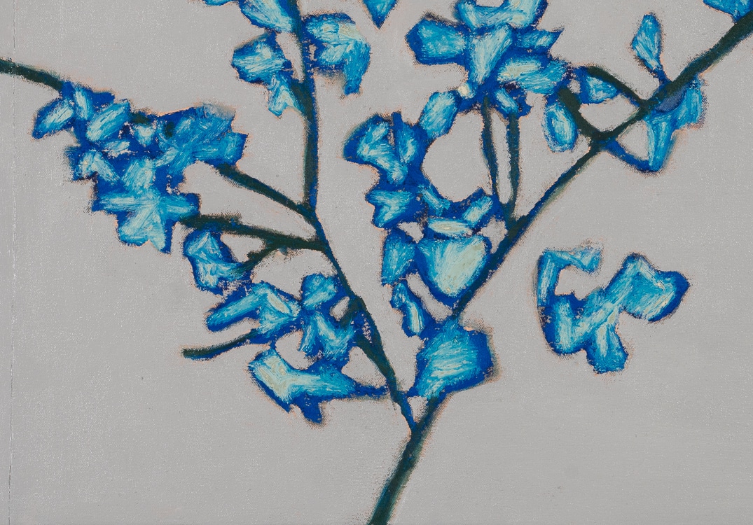 blue blossoms on branch oil painting by Los Angeles based contemporary artist Laura Letchinger detail 4
