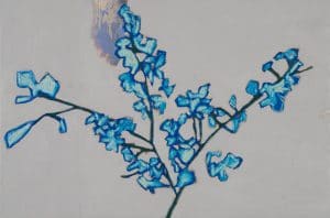 blue blossoms on branch oil painting by Los Angeles based contemporary artist Laura Letchinger