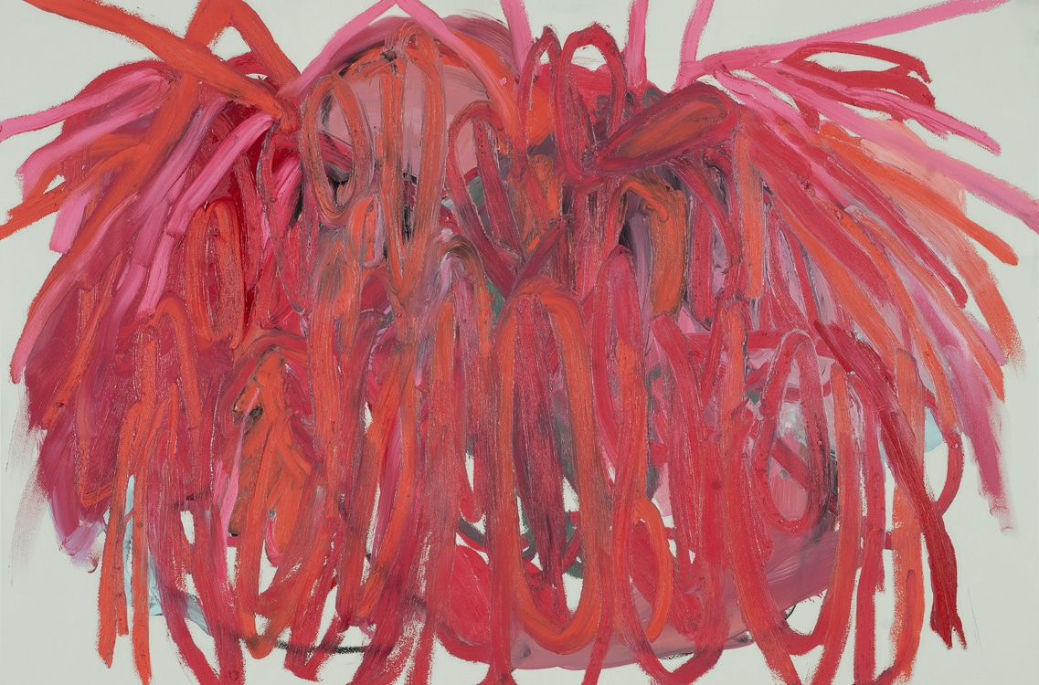 Expressive gestural line abstract  painting in reds, magentas and pinks by Laura Letchinger