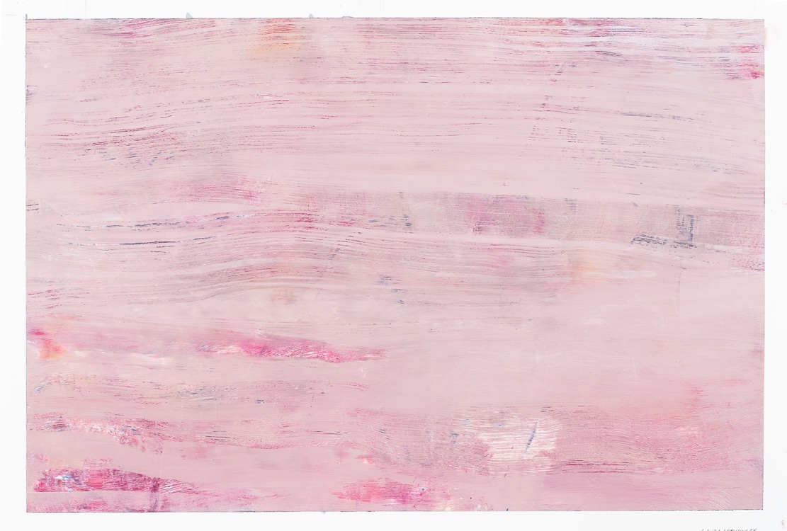 Expressive gestural line abstract  painting in reds, magentas and pinks by Laura Letchinger