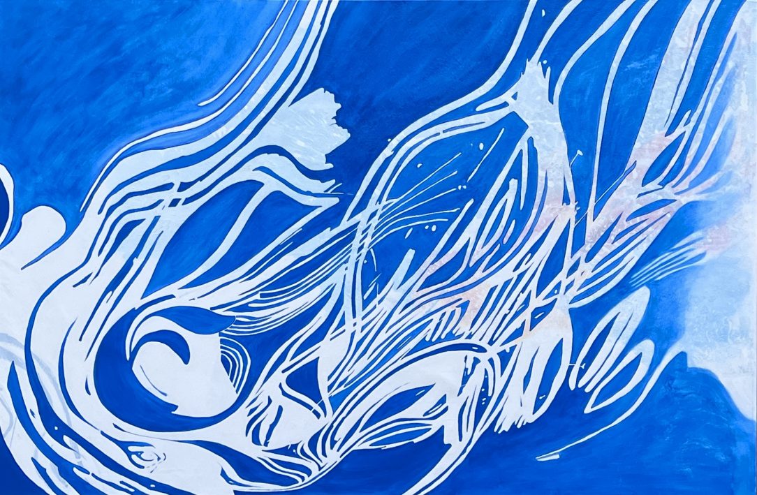 large blue and white abstract line painting by artist Laura Letchinger