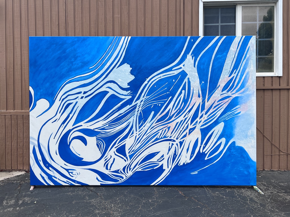 Extra large blue and white line painting Laura Letchinger outside wide