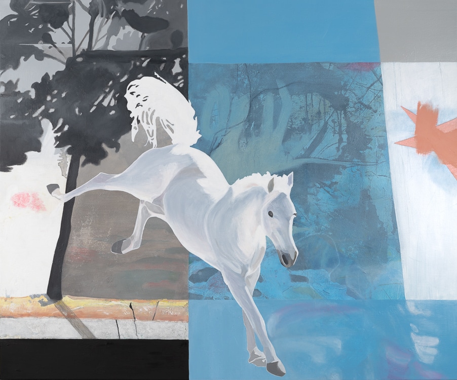 A white horse leaps from an urban abstract landscape in this contemporary painting