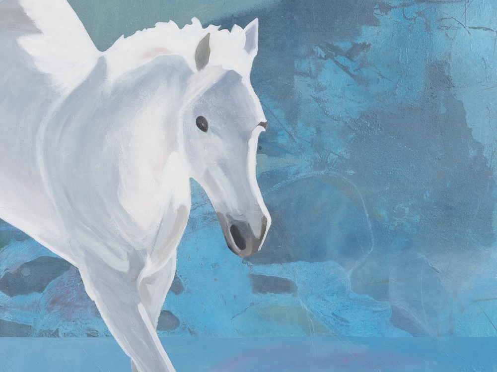 White horse leaps from an urban abstract landscape in this large contemporary painting by Los Angeles artist Laura Letchinger ASH detail1
