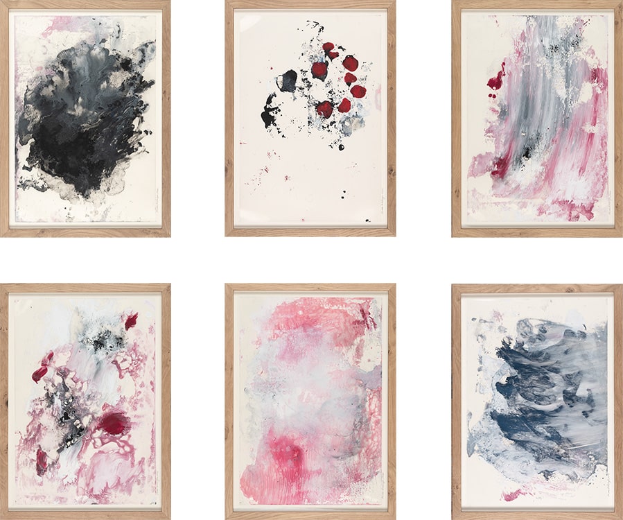 Gallery Wall of small contemporary abstract expressionism paintings inspired by Twombly by Los Angeles artist Laura Letchinger SPRUNG Series 750