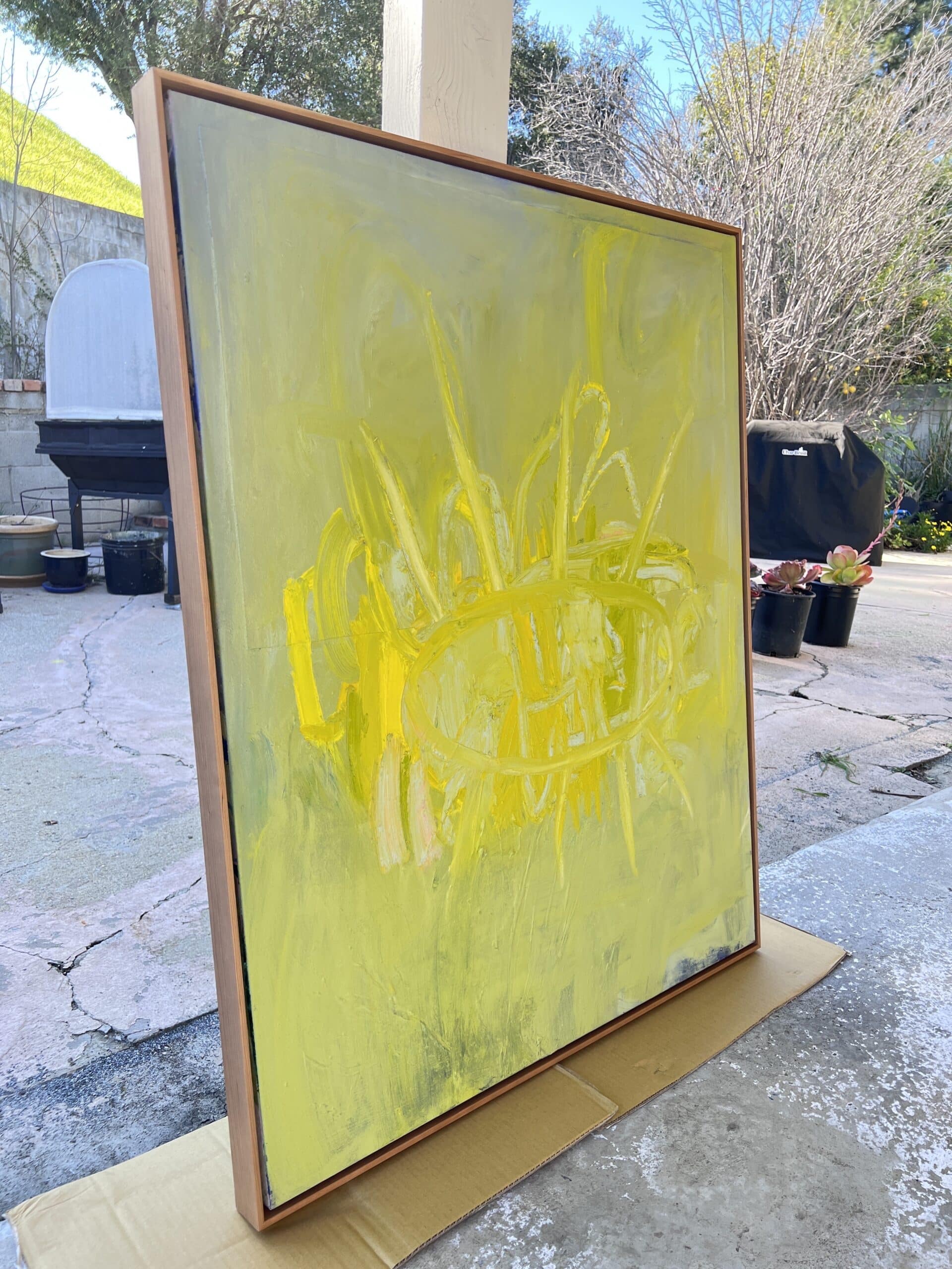 Large yellow abstract expressionism painting POD by Los Angeles based artist Laura Letchinger