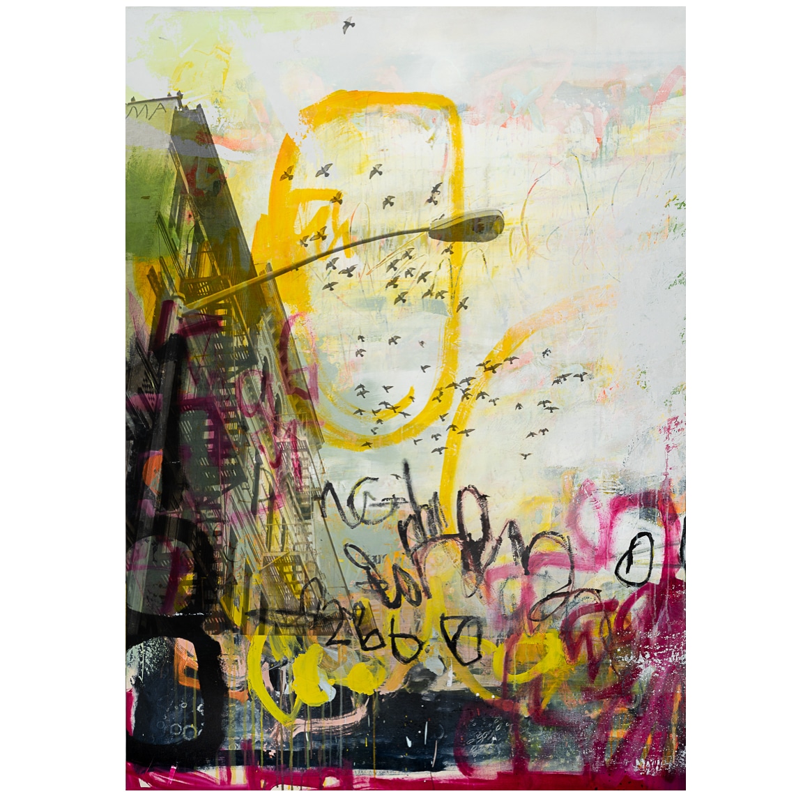 Large mixed media city graffiti painting by Laura Letchinger ANGELS ig