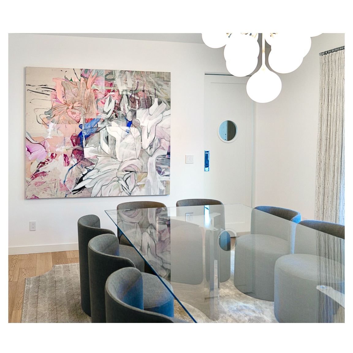 Large light urban abstract expressionism painting by Los Angeles artist Laura Letchinger installed PLACE ig